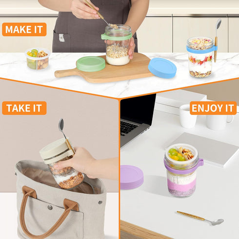 6 Pack 16 oz Xyptorix Overnight Oats Containers with Lids and Spoons, Mason Jars with Removable Separate Compartments