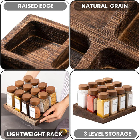 24Pcs Labels-4oz 2pcs Yangbaga Glass Spice Jars with Acacia Wood Lid Square Spice Containers and Rack with Pepper