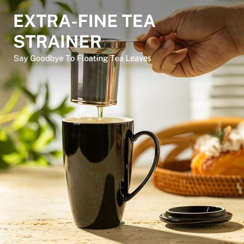 Sweese 15 OZ Porcelain Tea Mug with Infuser and Lid, Black Loose Leaf Tea Cup, Gifts for Tea Lovers