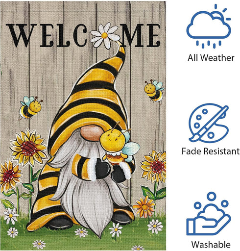Welcome Summer Gnome Garden Flag, Spring Summer Bee Sunflower 12x18 Double Sided Burlap House Flag