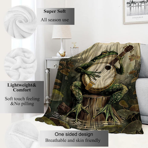 60x80in Banjo-Playing Frog Blanket Whimsical Woodland Throw Blankets with Musical Animal & Moonlit Swamp,Birthday Gifts