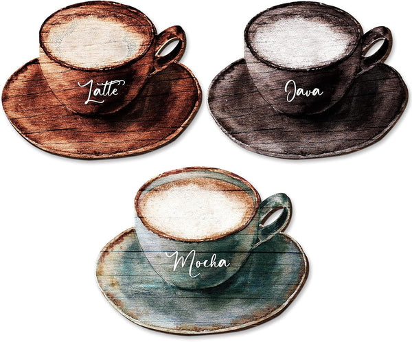 Blulu 3 Pcs Coffee Wooden Wall Art Decor - Retro Java Cup Wooden Sign for Kitchen and Dessert Shop