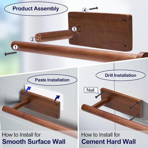Wooden Paper Towel Holder for Kitchen,Adhesive Acacia Wood Paper Towel Holders Under Cabinet, Wall Mount Kitchen Paper