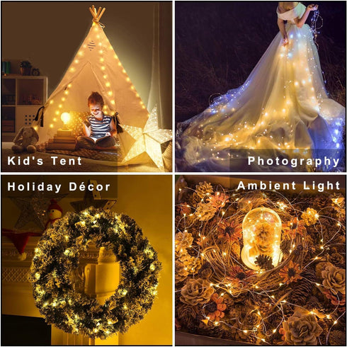 Metaku 2 Pack 33Ft 100 LED Fairy Lights, Battery Operated String Lights with Remote Timer, Warm White