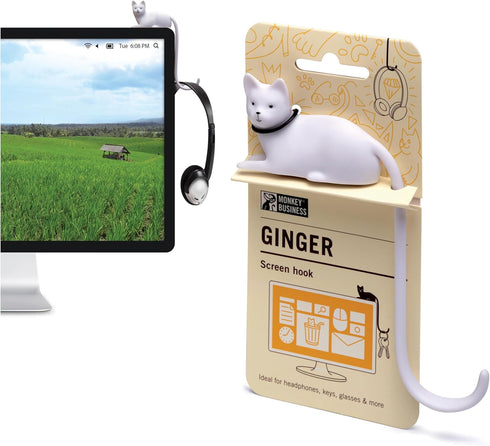 Monkey Business Ginger The Cat Tail Hook for Computer Screen, Decorative Desk Headphone Hanger for Accessories (White)