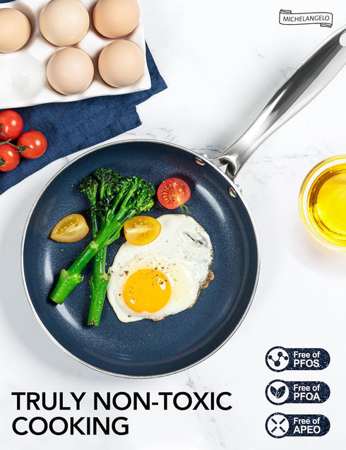 MICHELANGELO Small Frying Pan, 8 Inch Nonstick Frying Pan with Lid, Non-Toxic Omelette Pan with Stainless Handle,