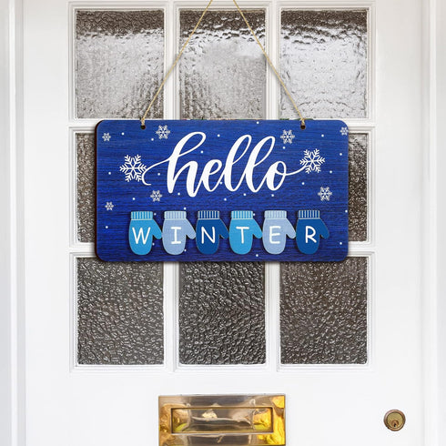 Blulu Hello Winter Door Sign Decoration, Welcome Winter Wall Decor Glove Hanging Sign for Porch Farmhouse Outdoor Home