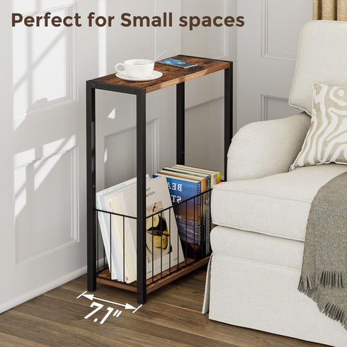 Homleke 7.1" 16.9" 23.6" Narrow Side Table with Magazine Holder, Skinny End Table Perfect for Small Spaces