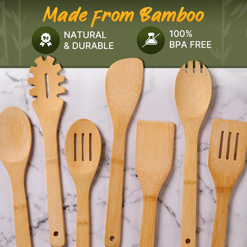 7 PCs Bamboo Wooden Spoons for Cooking, Wooden Utensil Set for Nonstick Cookware, Easy to Clean, Sturdy, Lightweight