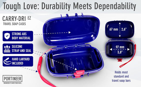Carry-Dri EZ Travel Bar Soap Container & Dish - Durable Leakproof Soap Holder with Patented Air Vents, Blue-Red
