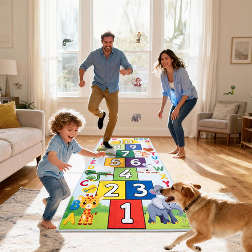 OVALLEY Hopscotch Rug for Kids, Soft & Fun Zoo Animals Hopscotch Play Mat, ABC Classroom Learning Mat, Small Kids Rug
