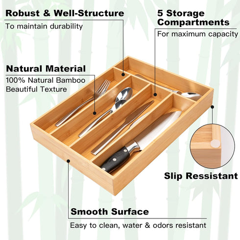 Silverware Organizer Bamboo Kitchen Drawer - Flatware Organizer Tray with 5 Slots for Cutlery