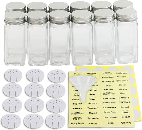 4 12 Pack Simple Houseware Spice Jars Ounce Square Glass Bottles with Shaker Lids, Funnel and Labels for Seasoning