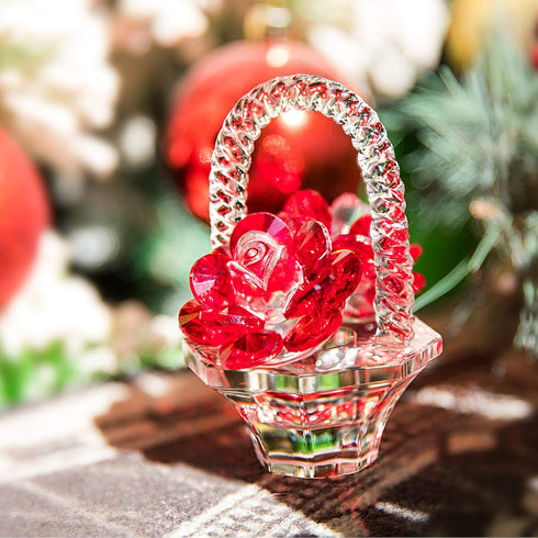 H&D HYALINE & DORA Crystal Red Rose Flower Basket, Collectible Figurines Ornaments for Home Decor Table Centerpiece