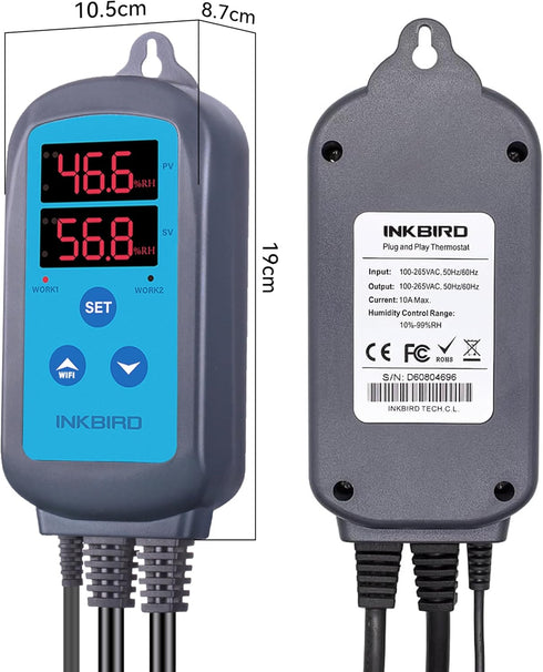 Inkbird IHC200 Humidity Controller, Pre Wired Outlet for Dual Stage Humidifier and Dehumidifier