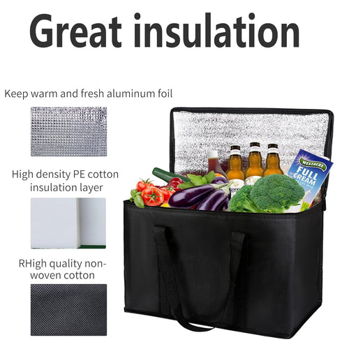2 pack Additional Bottom Plate Black Insulated Grocery shopping bag , Delivery,pizza,reusable bags, Sturdy