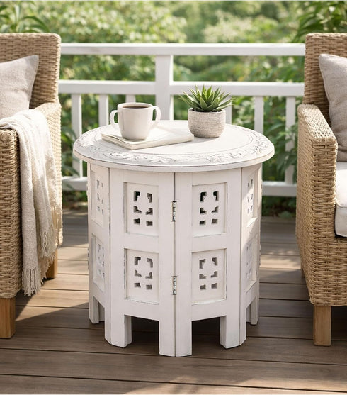 12"x12" Bedding Craft Wooden End Table, Side Table Hand Carved Wooden Vintage Boho Folding for Small Spaces, Entryway