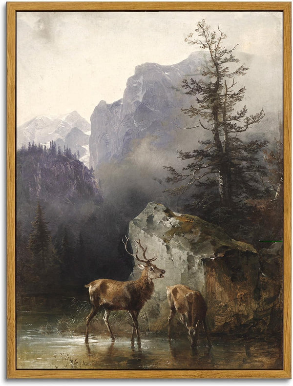KBKBART Vintage Framed Canvas Wall Art, Rustic Deer Painting for Bedroom, Farmhouse Country Decor, 12"x16"