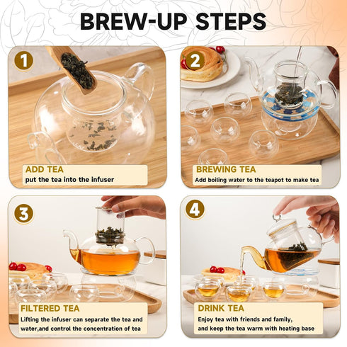 Set, 27OZ/800ML 6 Set Glass Teapot Stovetop Safe Glass Tea Kettle with Small Double Wall Tea Cups & Loose Tea Infuser