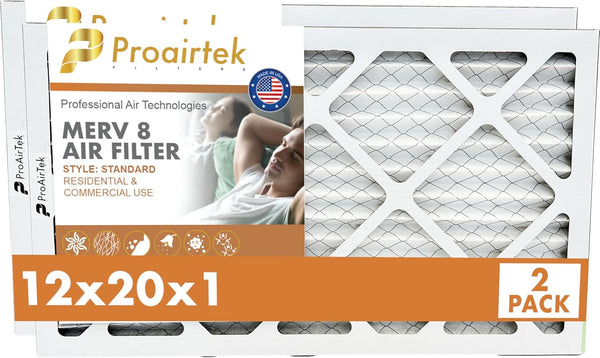 Proairtek AF12201M08SWH Model 12x20x1 Pack of 2 Air Filters, MERV 8 for Clean Air in Home