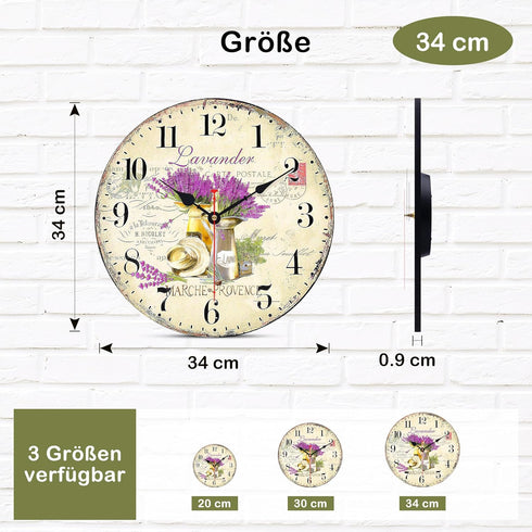 TAHEAT Romantic Lavender Wall Clock, 14 Inch French Purple Love Floral Decorative Easy to Read Clock for Living