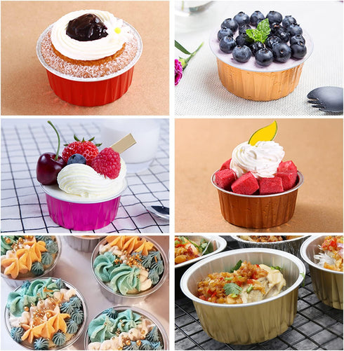 Disposable Ramekins with Lids - 50 Pack Free-Air 5oz Aluminum Foil Cupcake Cups - Mini Muffin Tins Holders for Home and