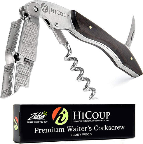 Hicoup Wine Opener - Professional Corkscrews for Wine Bottles, Manual Wine Key with Foil Cutter, Ebony Wood
