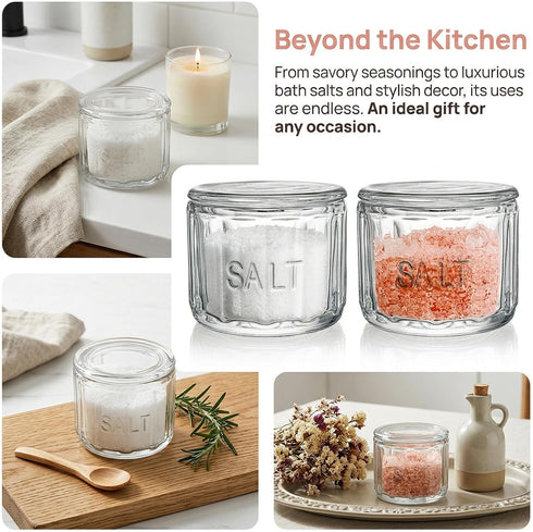 2 Pack 3.75" 3.15" Nicunom Clear Glass Salt Cellar with Lid, Salt Storage Container Salt Box, Retro Style, Kitchen