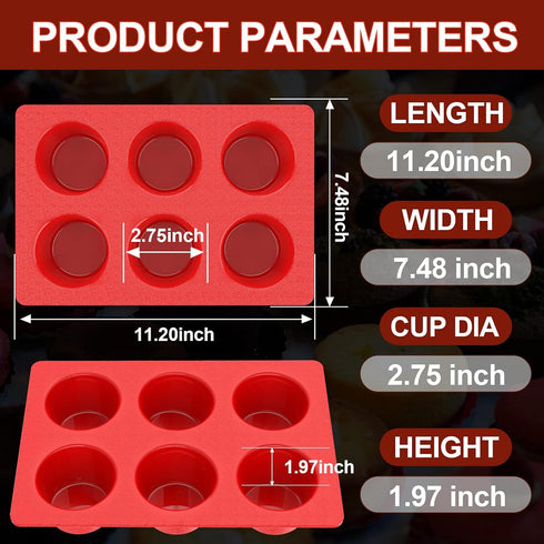 Jumbo Muffin Pan Silicone, European LFGB Cupcake Pan 6 Cups, Non-Stick Deep Cupcake Baking Pan, Silicone Large Muffin Molds, Muffin Tins BPA Free, Set of 2 Red by Aokinle