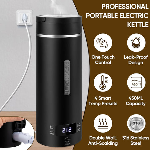 Zlylefun 450ML, 316 4 Presets Travel Electric Kettle Portable Small Hot Water Boiling Tea Coffee Warmer Heater