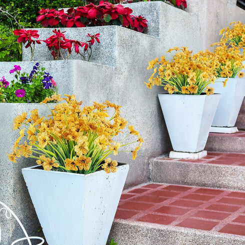 12 Bundles Artificial Flowers, UV Resistant Faux Plastic Plants for Garden Porch Window Box Decorating (Yellow)