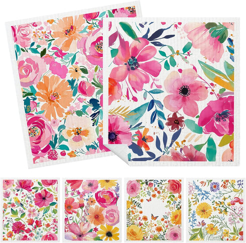 Mixed Flowers Swedish Kitchen Dishcloths Dish Towels 6 Pack, Flowers Dish Towels