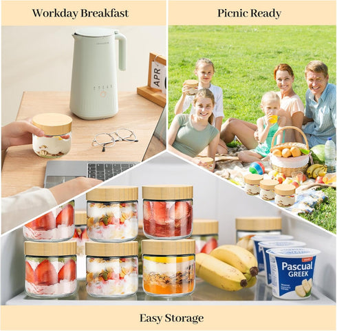 12 Pack 10oz TBWIND Glass Jars with Bamboo Lids, Spoons, Airtight Overnight Oats Containers, Salad & Yogurt Storage