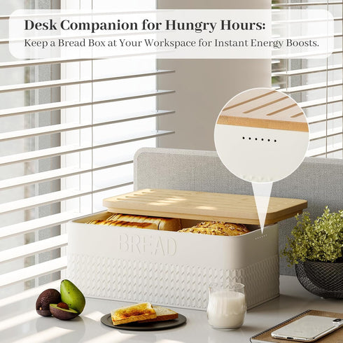 AUGOHCMIL Countertop Bread Box for Kitchen - Metal Bread Storage with Bamboo Cutting Board Lid & Bread Knife, Corner