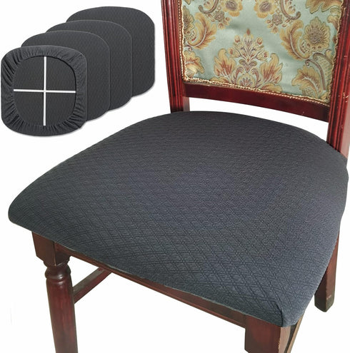 BUYUE Set of 4 Dining Room Chair Seat Covers, Grey TPU Jacquard Fabric Stretch Washable Slipcover for Kitchen Cushions