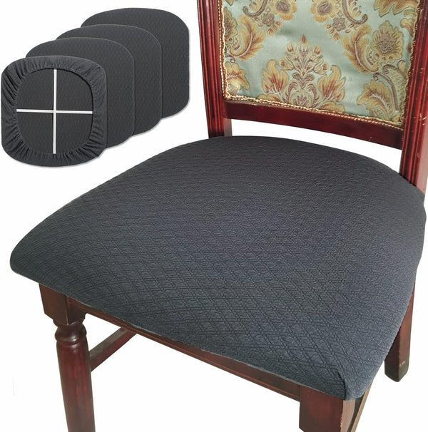 BUYUE Set of 4 Dining Room Chair Seat Covers, Grey TPU Jacquard Fabric Stretch Washable Slipcover for Kitchen Cushions