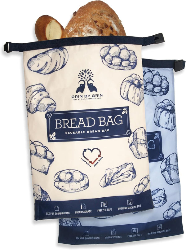 GRIN BY GRIN- Bread Bags 2 Pack Reusable Zipper Bags for Homemade