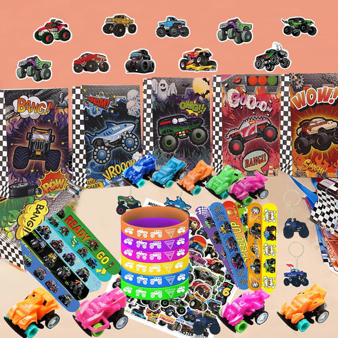 CZWXOXO 122PCS Set, Monster Truck Party Favors Jam Birthday Decorations Including Theme Slap Bracelets, Keychains, Gift