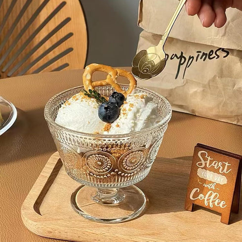 Set 4, 9oz (4PCS) Vintage Glass Dessert Bowls, of Glass Ice Cream Sundae Cups with Sunflower Pattern Glass Dessert
