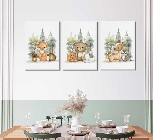 3 Pcs Woodland Animal Nursery Canvas Wall Art Cute Wild Animals Poster Print Fox Bear Deer Painting Picture for Kids