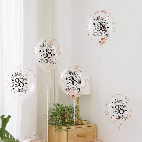 Rose Gold 38th Confetti Latex Balloons, Happy 38 Years Birthday Party Decoration with Confetti, 12in, 16 Pack