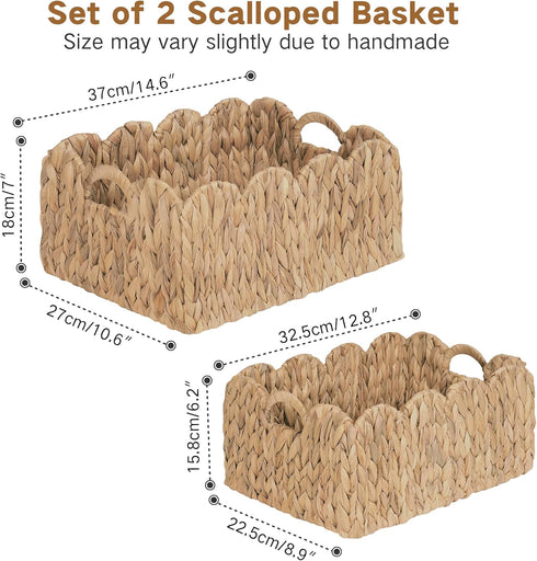 Set 2 iEGrow Scalloped Wicker Basket, of Woven Rattan Natural Water Hyacinth Baskets with Built-in Handles, Rectangle