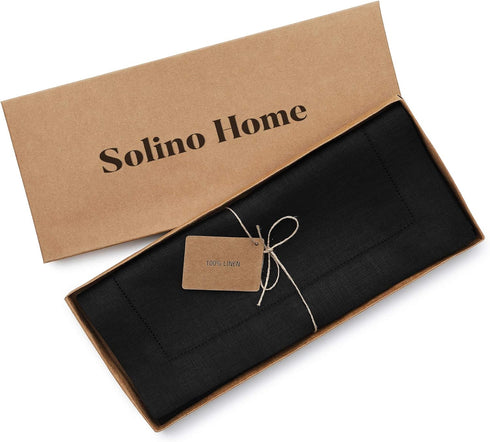 Solino Home Linen Black Table Runner, 100% Pure Linen Hemstitch, 14 x 72 Inch for Dining, Summer, Fall