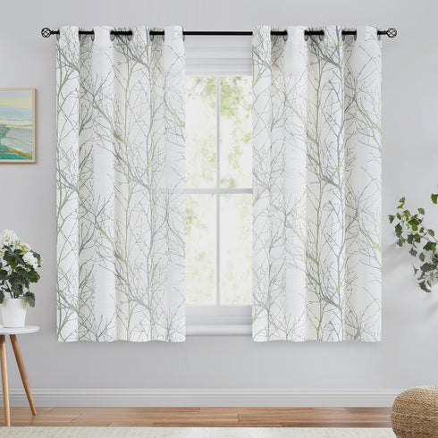 FMFUNCTEX Linen Semi Sheer Curtains, Sage Green White, 54 Inches Long for Living Room, Grommet Top 2 Panels