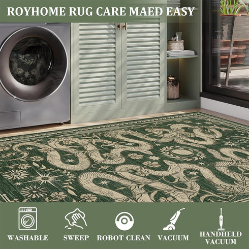 3x5 Snake Area Rug Washable Non-Slip Forest Green Gothic Witchy Fantasy Small Indoor Rugs for Entryway Soft Low-Pile