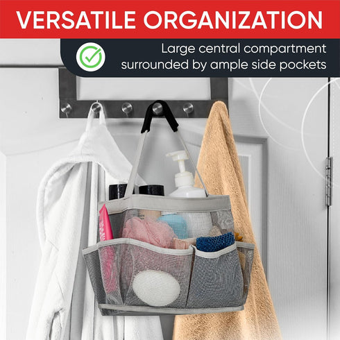 Masirs Mesh Shower Caddy Bag, Large Collapsible Organizer for Travel, Gym & Dorm, 9 Pocket (Grey)