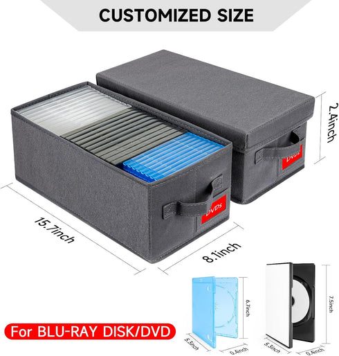 Upgrades DVD Storage Box, Stackable DVD Organizer with Lid, 2 Pack DVD Holder, Holds 50 DVDs, Grey