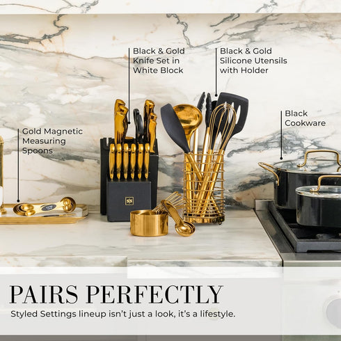 STYLED SETTINGS 8-Piece Gold Measuring Cups and Spoons Set, Stackable Brass Kitchen Accessories for Baking