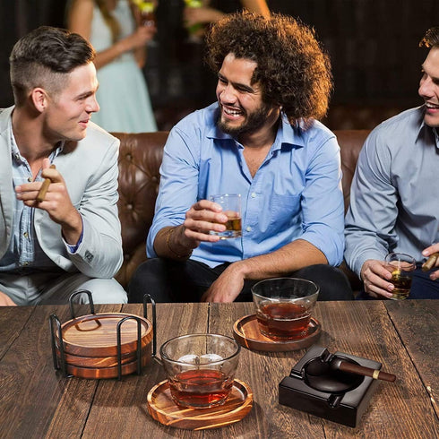 6Pcs Set Wooden Coasters for Drink-Acacia Wood Drink Coasters with Holder for Coffee Table Decor,Modern Cup Coaster