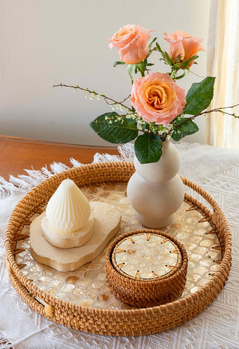 Set 6 JUNGLE CULTURE Mother of Pearl Rattan Coasters for Drinks with Holder Handmade Round Coaster of Wicker Homeware